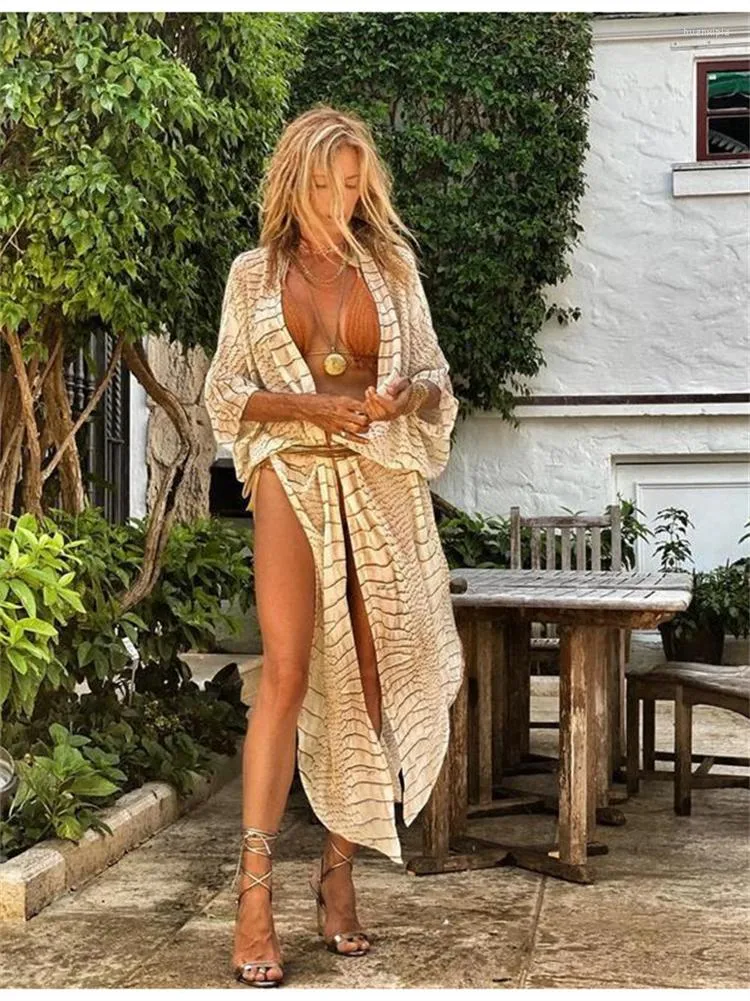 Kvinnor BLOUSES Fashion Women Beach Cardigan Summer V Neck 3/4 Sleeve Striped Kimonos 2023 Bohemian Split Hem Long Blouse Casual Holiday