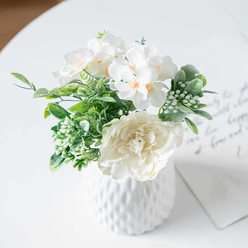 Torkade blommor konstgjorda siden pion hortensia bukett juldekorationer för hemma trädgård rose falska gröna växter bröllop brud