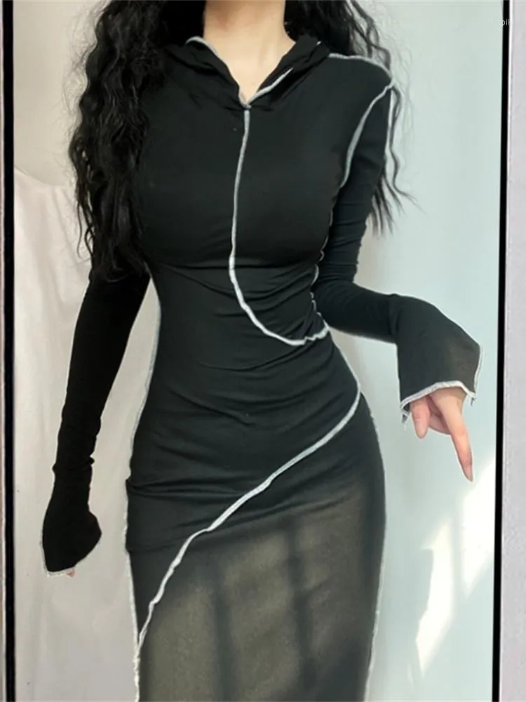 Casual Dresses Maxi Sweet 3XL Black Long Dress 2023 Spring Slim Elegant Sexig Tight Hoodie Hooded Tops Korean Top Boho C8by