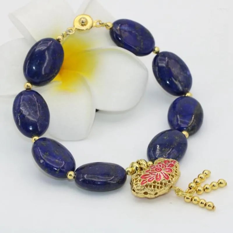 Link bransoletki naturalny kamień niebieski lapis lazuli 13 18 mm owalne koraliki złoto-kolorowe cloisonne eleganckie wesela prezenty biżuteria 7,5 cala B2728