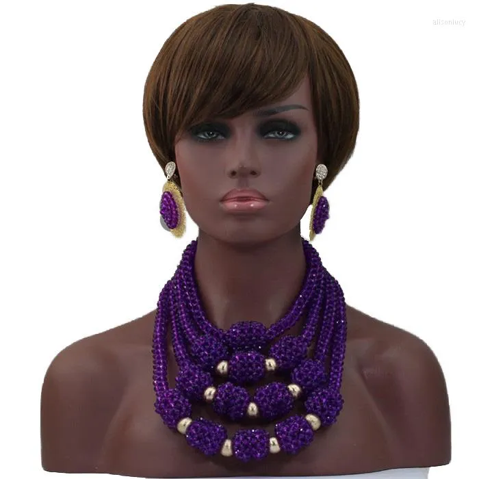 Boucles d'oreilles de collier Set Charming Purple African Statement Mariage Crystal Pendant Bib Bridal Bijoux QW257