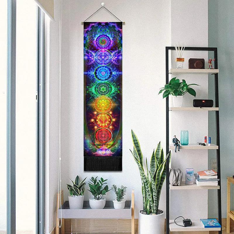 Tapestries Seven Chakra Decorative Wall Hanging Tapestry Bohemia Tarot Phase Tassel Boho Art For Bedroom Office Decor 230616