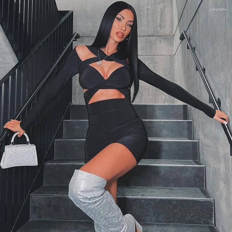 Casual Dresses Twist Hollow Out Bandage Mini Dress Women Clothing Sexy Club Wear Long Sleeve Bodycon Spring