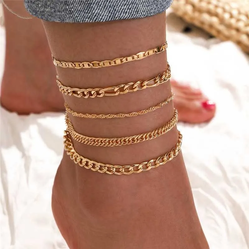 Anklets Letapi 5 Pcs Set New Vintage Simple Gold Color Link Chain Women Girls Bohemian Leg Ankle Anklet Bracelet Beach Jewelry 230607