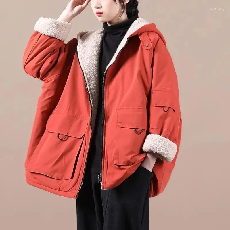 Frauen Trenchcoats Winter Mit Kapuze Lammwolle Warme Frauen Mantel Jacken Orange Schwarz Lose Zipper Mantel Weibliche Casual Parkas Oberbekleidung