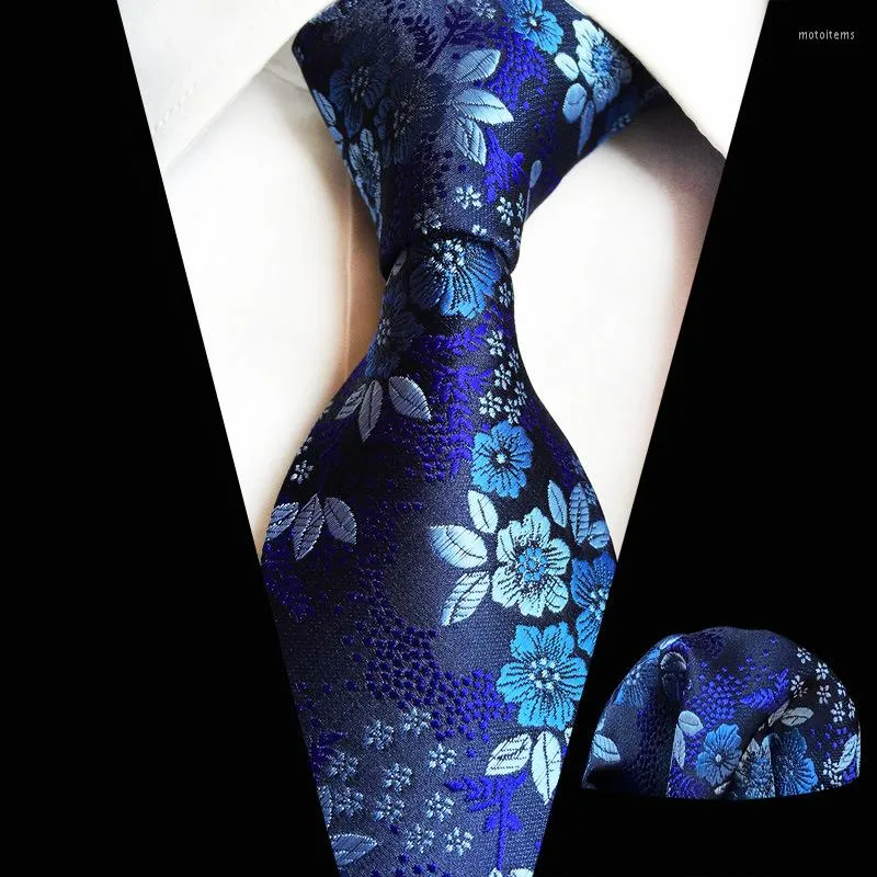 Bow Ties Man Necktie Blue Flower Tie Silk Jacquard Floral Gravata Square Hanky Suit Pocket Handkerchief Set Luxury Gift Formal