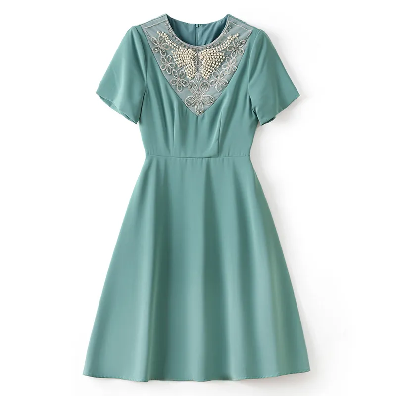 Summer Green Solid Color Beaded Dress Short Sleeve Crew Neck Mid-Calf  Length A-Line Polyester Dress from Dhgate Basic & Casual Dresses - price  62.73