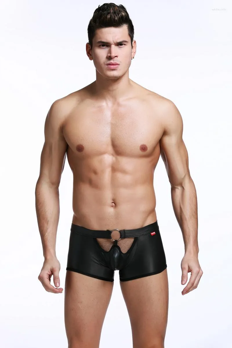 Caleçon Arrivée Homme Bandage Boxer Noir Faux Culotte En Cuir Fétiche Hommes Jockstrap Sous-Vêtements Érotique Évider Lingerie