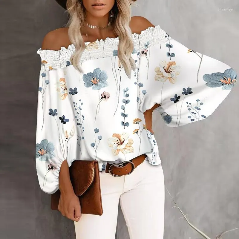 Women's Blouses Women's Elegant Loose Blouse Off Shoulder Long Sleeve Tops Lantern Floral Print Women Shirt Casual Female T-Shirts