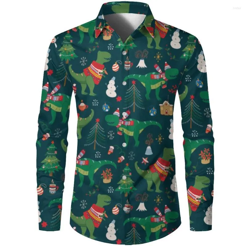 Chemises décontractées pour hommes Cardigan extérieur à la mode pour hommes Vert Éléments de Noël 3D accrocheurs Impression Revers hawaïen Séchage rapide