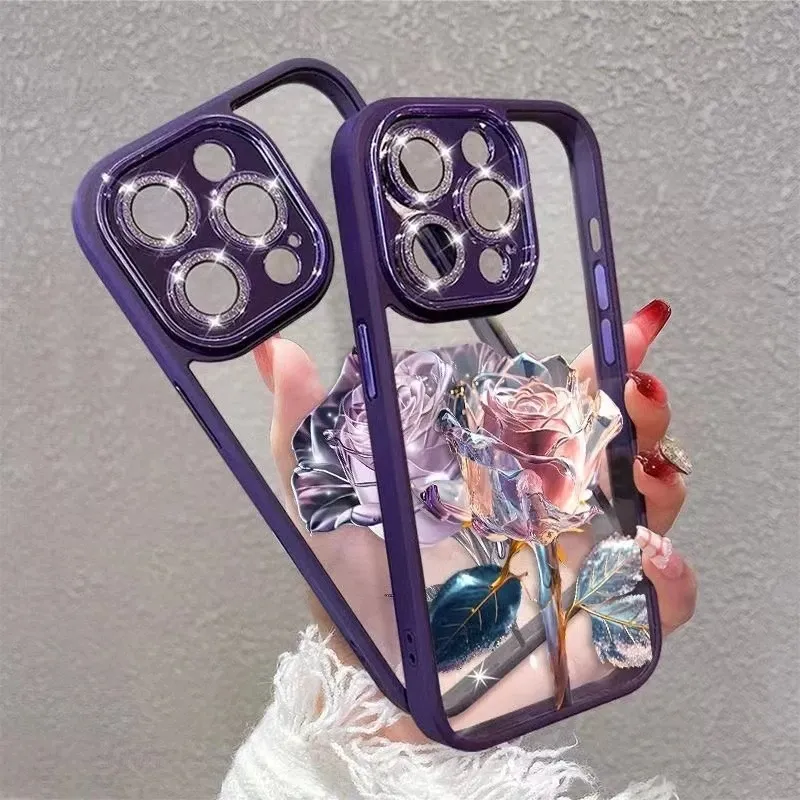 Coque de téléphone Rose féerique pour iPhone, compatible modèles 15, 14, 13, 12, 11 Pro Max Plus, peintures colorées, avec Film de Protection à lentille entièrement scintillante