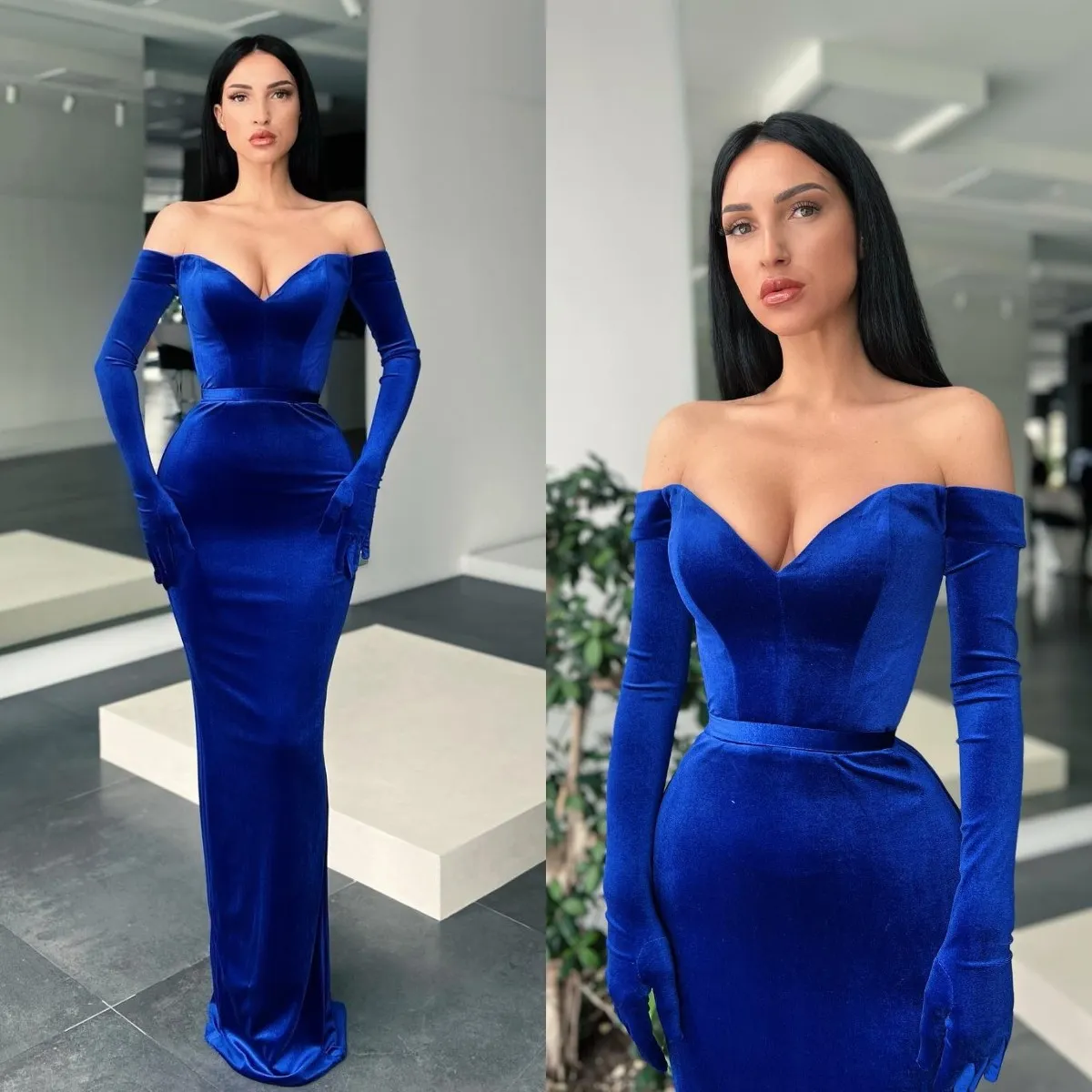 Off Shoulder Max Velvet Dresses with Long Sleeves Sky Blue