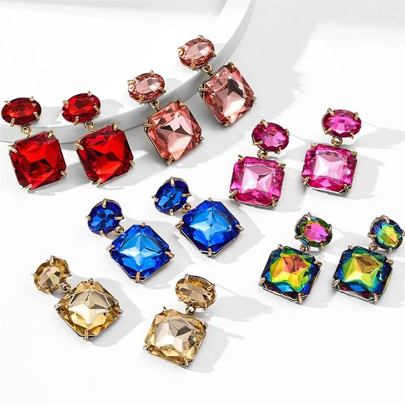 Dangle Earrings Multi Colors Exquisite Crystal Fuchsia Pink CZ Geometry Drop Square Earings Ins Women Girl