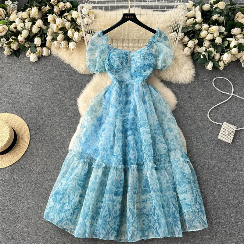 Sukienki na co dzień letnie nowe damskie kwadratowy dekolt bufiaste rękawy sukienka kwiatowa niebieski pomarańczowy średniej długości sukienki z organzy słodka suknia wieczorowa Vestidos 2023