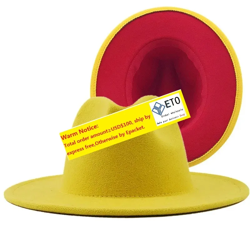 Stylish Blue & Yellow Wool Felt Fedora Hat - Wide Brim Jazz 