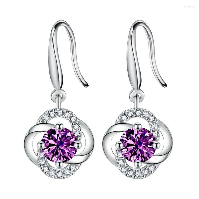 Dangle Earrings S925 Sterling Silver Women's Fashion Jewelry Purple Crystal Zircon Flower Four-leaf Clover Long Tassel