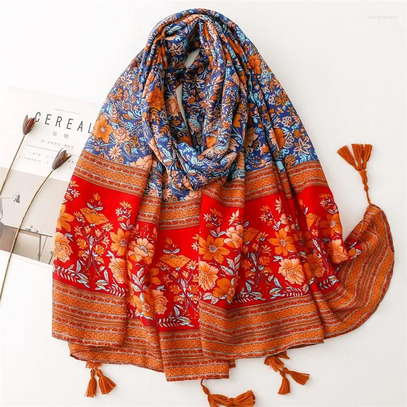 Scarves 2023 Viscose Scarf Ethnic Vintage Floral Tassel Print Shawls And Wraps Echarpe Pashmina Bufandas 180 90Cm