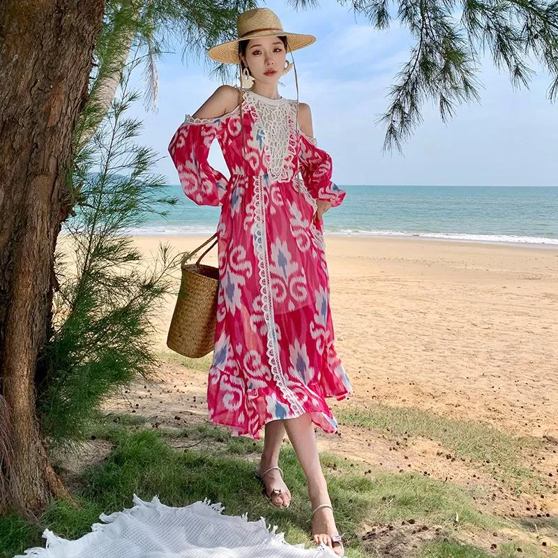 Bohemian Floral Maxi Dress with Off-The-Shoulder Lace Splicing for Women - Perfect for Summer Beach and Casual Occasions