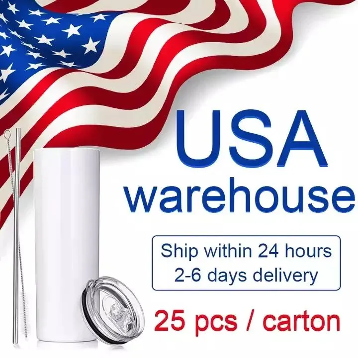 US CA Warehouse 20oz تسامي القدح المستقيمة Tumblers Blanks أبيض 304 الفولاذ المقاوم للصدأ فراغ معزول Slim DIY