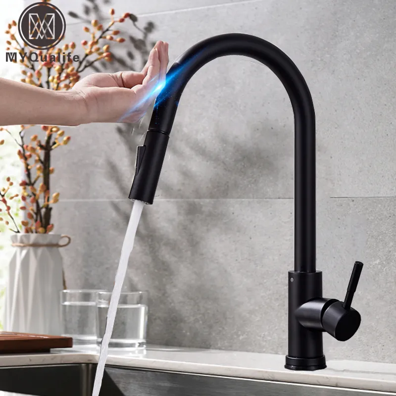 Banyo Lavabo muslukları, sensör siyah mutfak musluğuna duyarlı dokunmatik kontrol mikseri musluk 230617