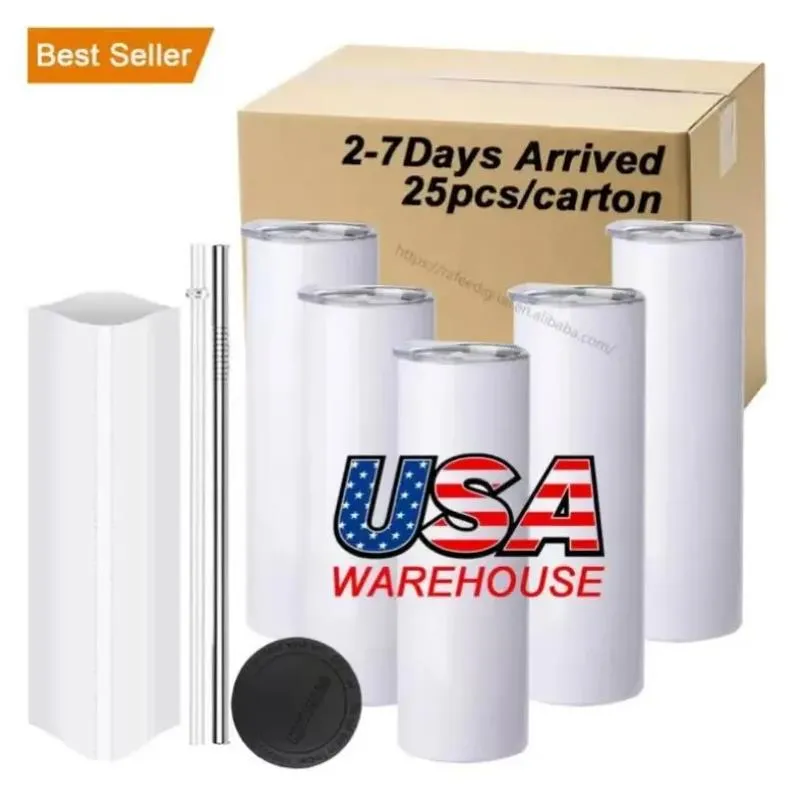 US CA Stock 25pc/Carton 20oz sublimering Tumbler Bottle Blank Rostfritt stål Tumbler Diy Straight Cups Vakuumisolerade 600 ml Car Coffee Mugs Ready to Ship 20oz