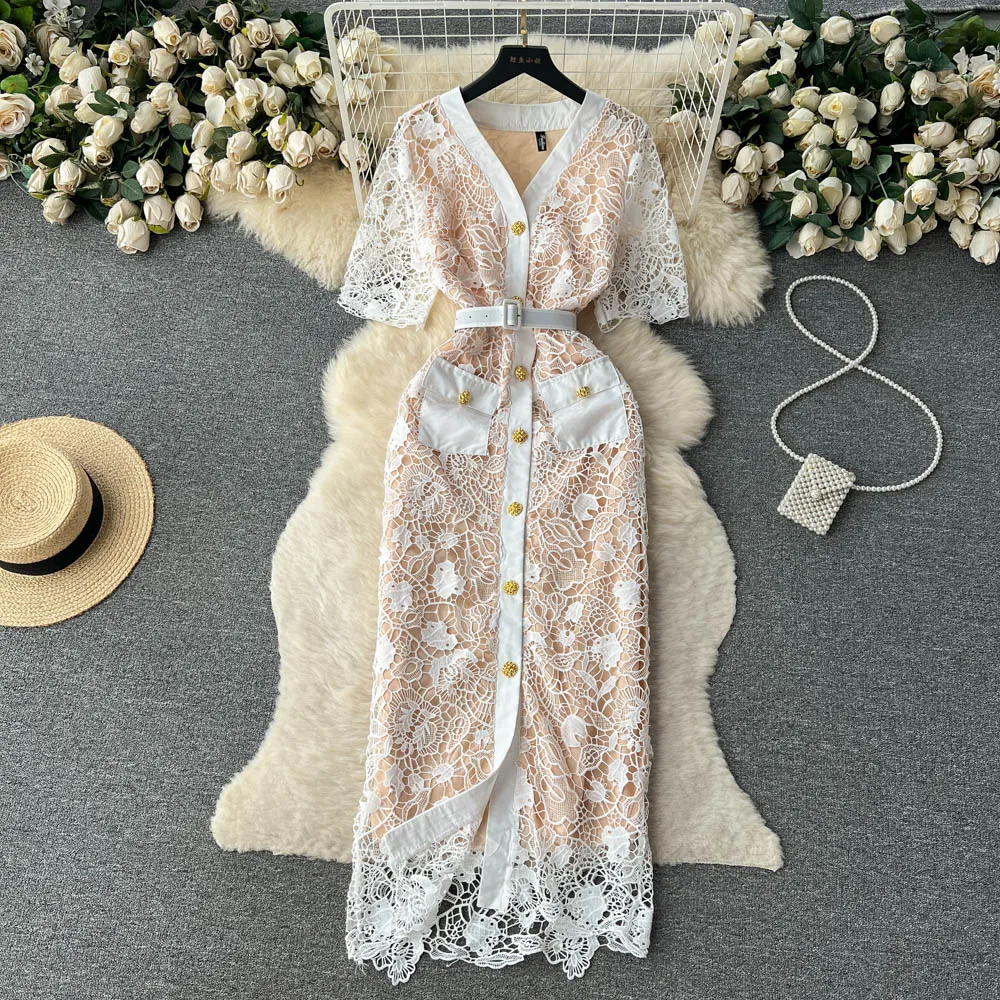 Casual Dresses French Dress Women Summer New Fashion Single Breasted Short Sleeve Lace Hollow Sexy Party Elegant Clothes Vestido Feminino 2023