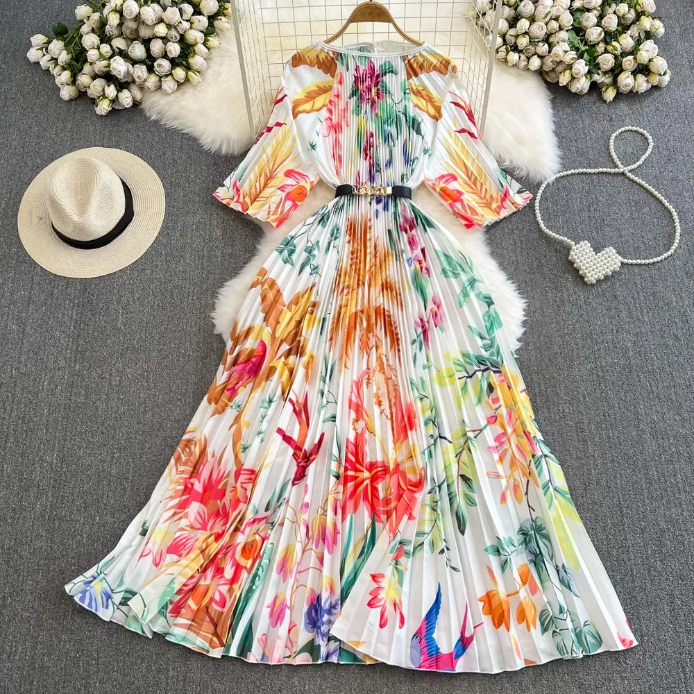 Casual Dresses Miyake New Summer Pleated Long Dress Women O-Neck Lace-up Belt Loose Large Size Flower Vintage Slim A-Line Dress 20207Q