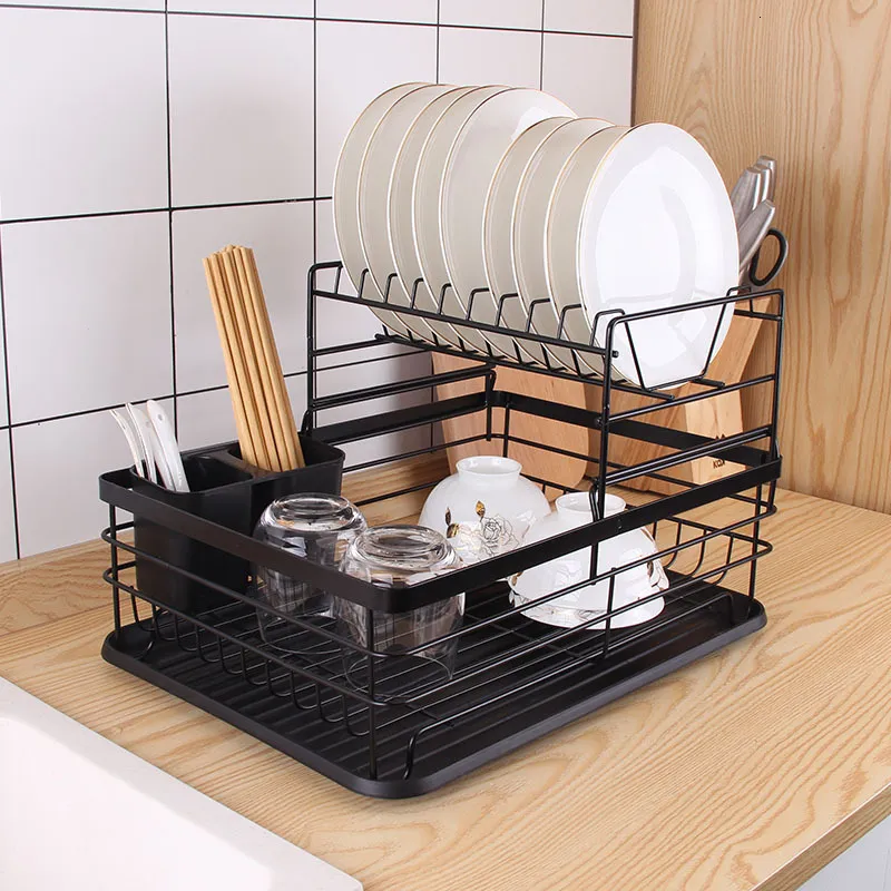 Black Kitchen Utensils In Tagalog Dish Rack With Drip Tray And Holder