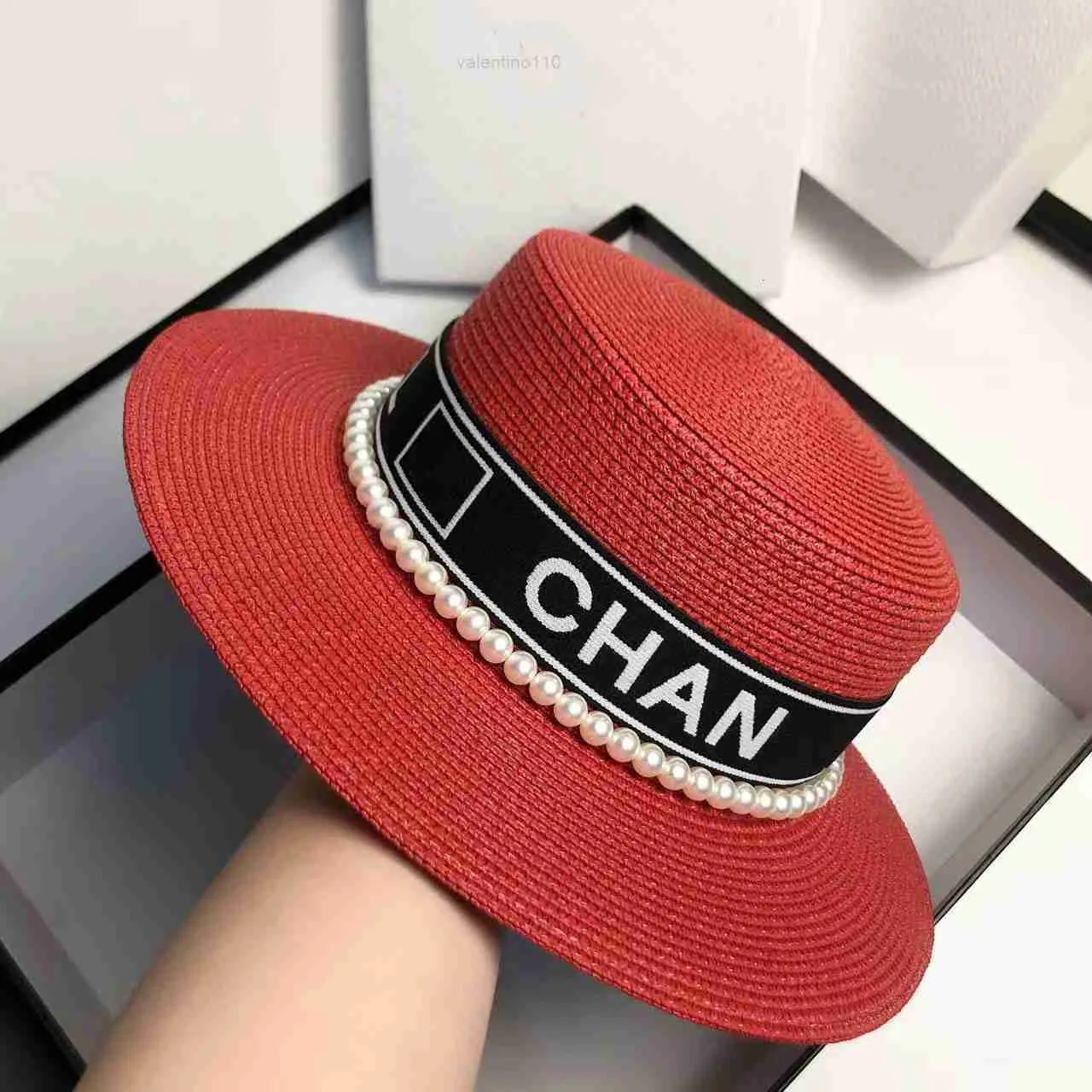 2022 Designer straw hat brand letter cap female spring and summer versatile pearl letters flat top hat Japanese large Brim Sun Protection Beach Hats shows small face