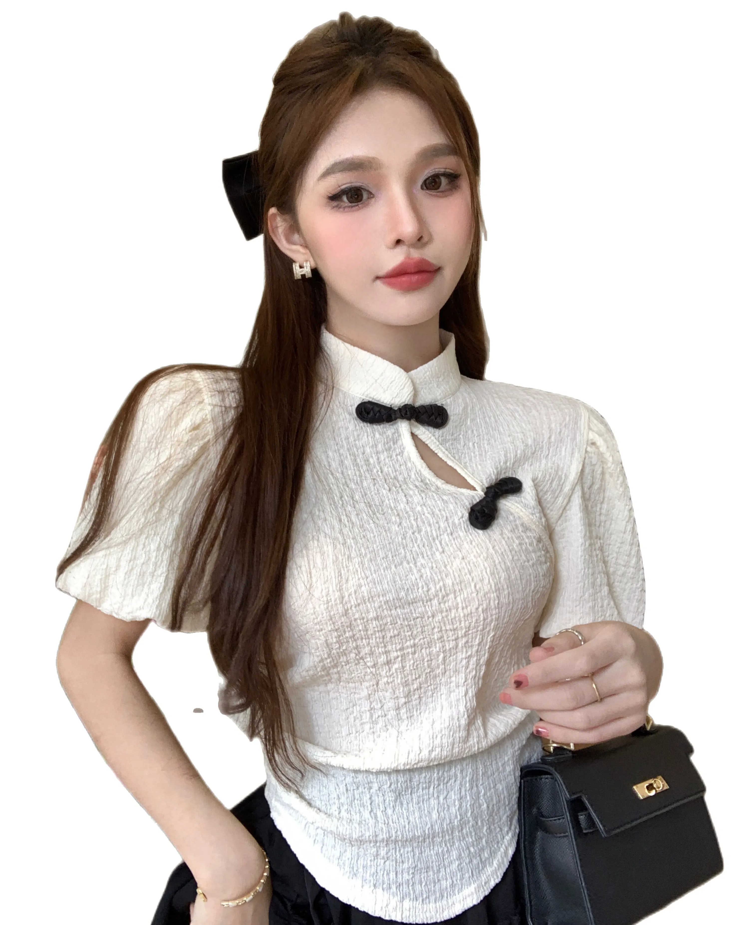 Kurzärmlige Blusen-Shirt-Oberteile für Damen im chinesischen Cheongsam-Stil im Retro-Stil