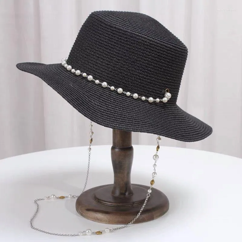 Wide Brim Hats Pearl Chain Necklace Sun For Women Summer Cap Visor Foldable Beach Ladie Wholesale