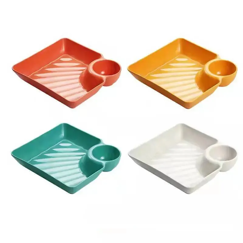 4pcs Japanese Sushi Plates With Vinegar Sauce Dish Dipping Bowl Dumpling Plate Partition Plate Tray Devider For Chips Buns Fruits Appetizer Salad 4 Colors