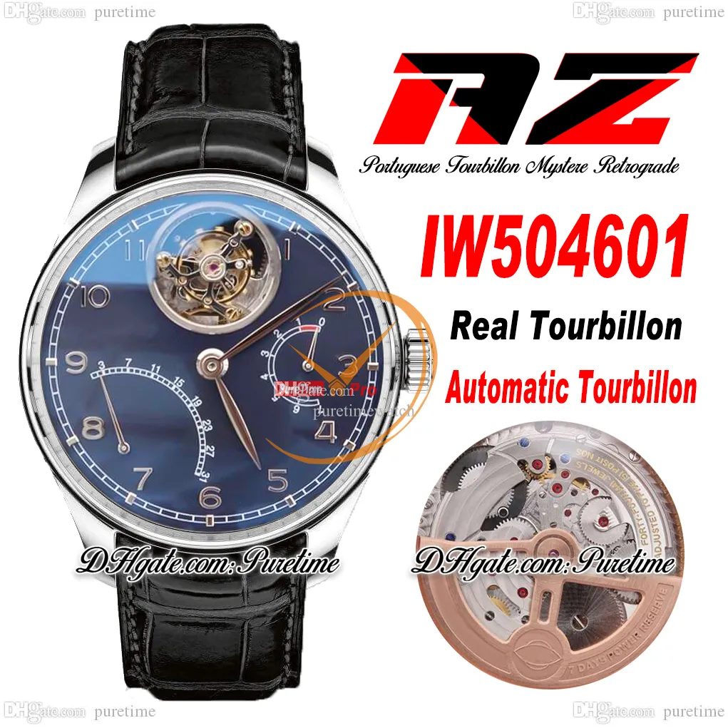 AZF Real Tourbillon Mystere Automatic Mens Watch Power Reserve IW504601 Stalen kast Zwarte wijzerplaat Zilveren cijfermarkeringen Leer Super Edition Reloj Hombre Puretime B2