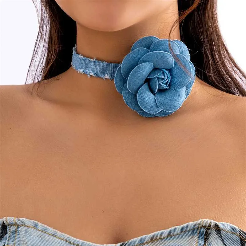 Pendant Necklaces Blue Denim Strip with Large Flower Choker Necklace for Women Trendy 2023 Fashion Jewelry on Neck Accessories Ladies Girls Gifts 230613