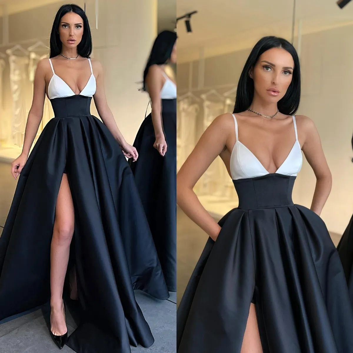 Sexy Schwarz-Weiß-Abschlussballkleider, Spaghetti-A-Linie, Party-Abendkleider, Falten, Schlitz, halbformal, roter Teppich, langes Kleid für besondere Anlässe