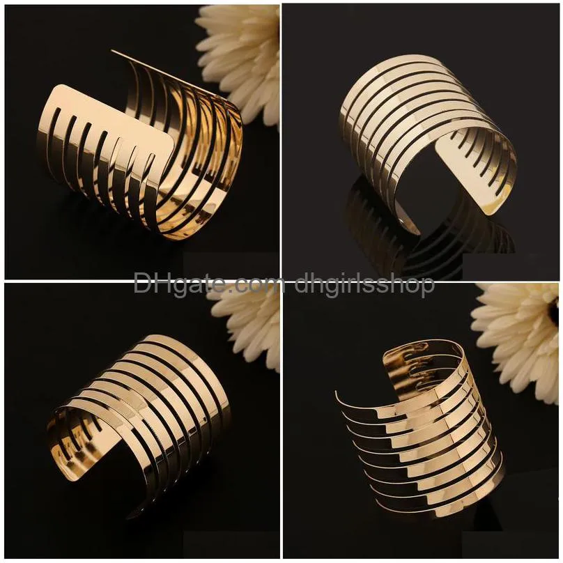 Cuff 1Pc Fashion Europe Simple Gold Open Bangles For Men Women Jewelry Punk Rectangar Hollow Wide Bracelets Drop Delivery Dhax9