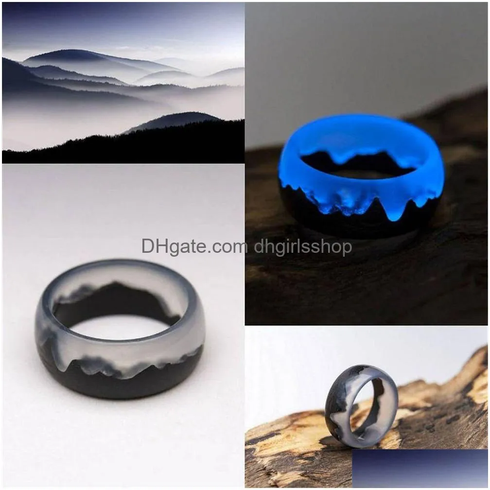 Band Rings Blue Resin Ring Mountains Wooden Inside Magical World In A Tiny Landscape For Women Men Jewelry Female Finger Punk Drop De Dhdzg