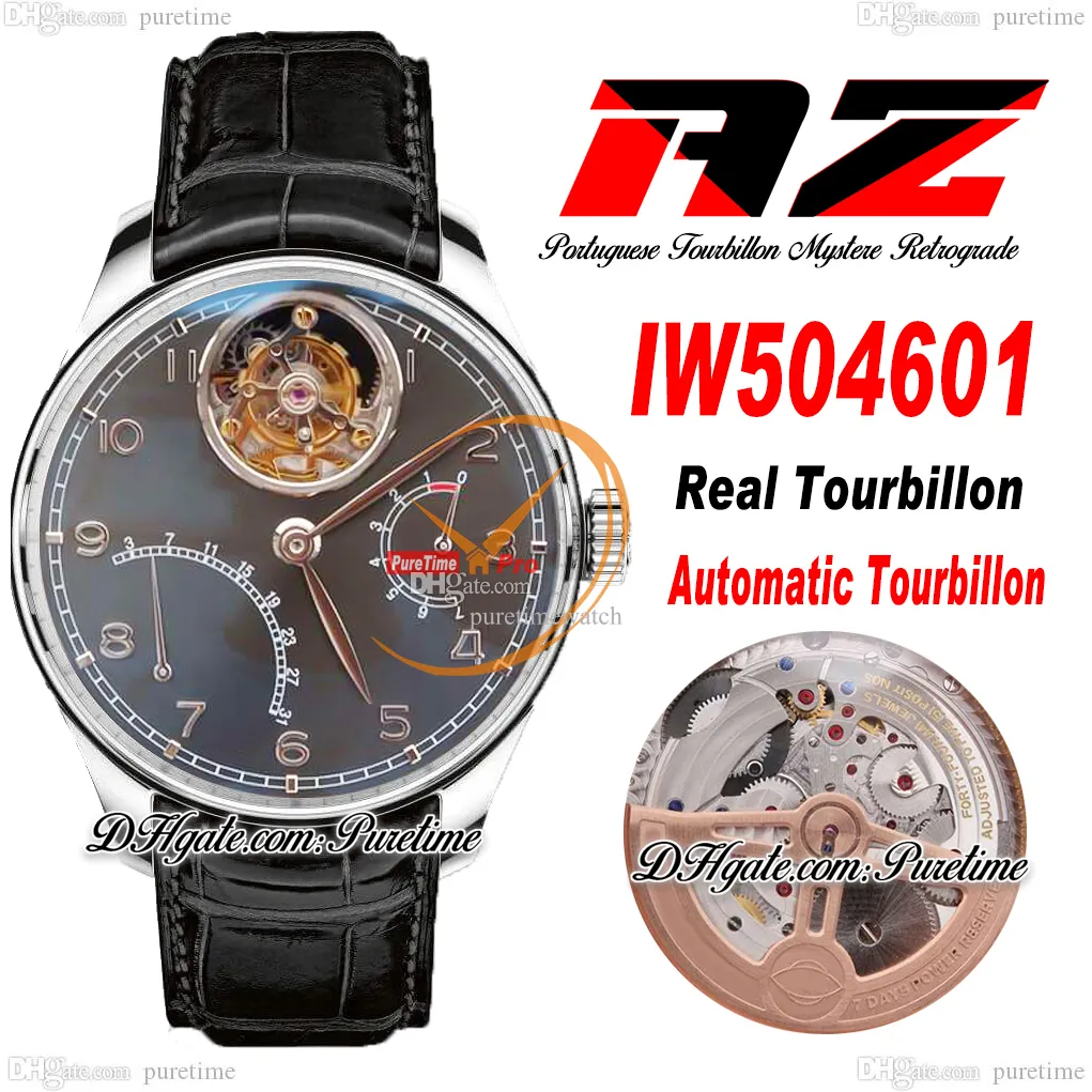 AZF Real Tourbillon Mystere Automatique Montre Homme Réserve de Marche IW504601 Boîtier Acier Cadran Gris Argent Bracelet Cuir Noir Super Edition Reloj Hombre Puretime A1