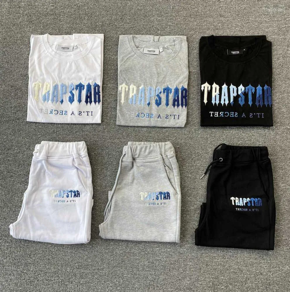 Herren T-Shirts Damen Trapstar Weiß Blau Handtuch Stickerei Kurzarm Shorts Set Frühling Sommer Mode Streetwear T-Shirt Tidal Flow Design 901ess