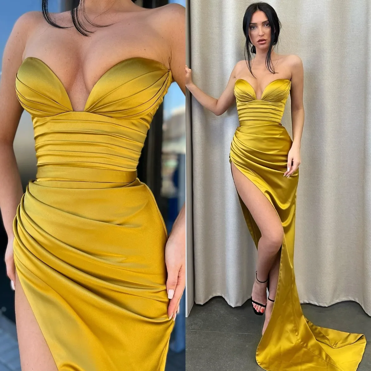 Sexy gelbe Orange Abschlussball Kleider Schatz Party Abendkleider Falten geschlitzte halb formelle rote Teppich Lange besondere OCN -Kleid