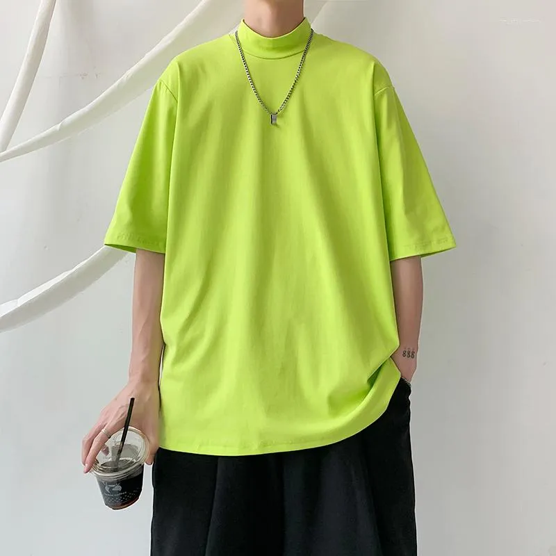 メンズTシャツ特大の明るい色のメンズ夏のファッショントレンドタートルネック服ティーンエイジルーズフィットプルオーバートップバギーコットンティー