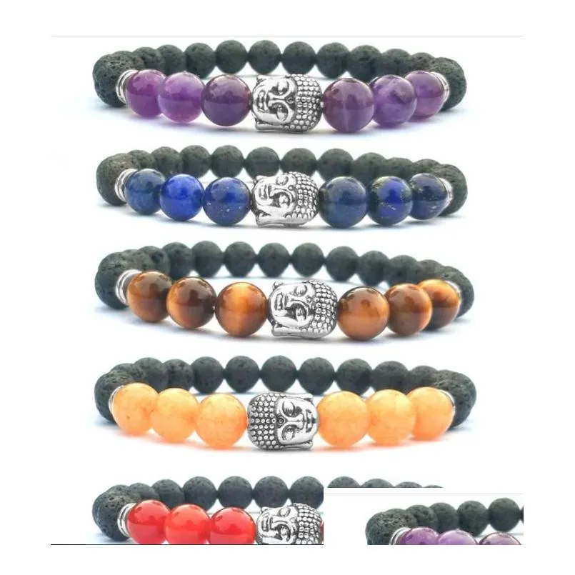 Perlé 8Mm Bijoux Naturels Bracelet Élastique Brins Prier Pierre Volcanique Méditation Tête De Bouddha Hommes Et Femmes Huile Essentielle Aromather Dhptu