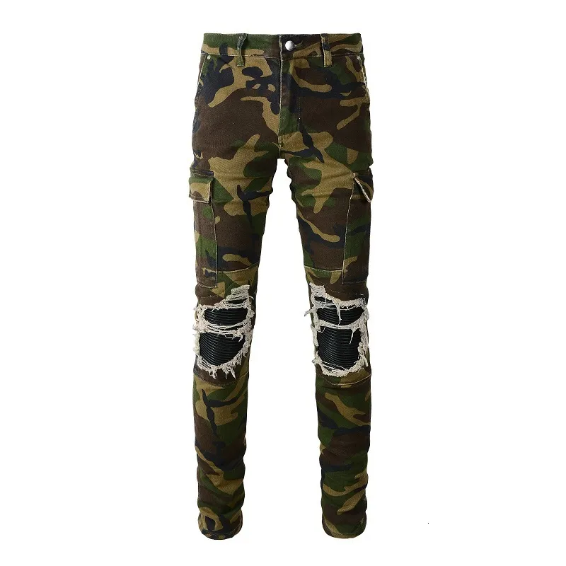 Men's Jeans Camouflage Cargo Jean Pants Distressed Slim Fit Streetwear Style Bikers Skinny Stretch Destroyed Ribs Patches Ripped 230617