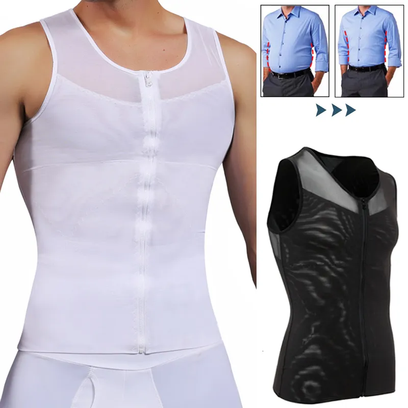 Mäns kroppssaxar Mens Body Shaper Abdomen Slimming Shapewear Belly Shaping Corset Top Gynecomastia Compression Shirts With Zipper Midje Trainer 230616