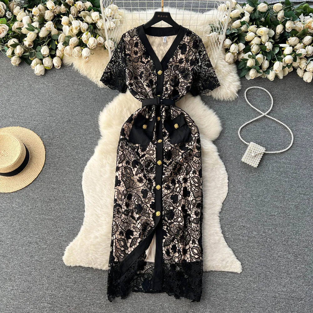 Casual Dresses French Dress Women Summer New Fashion Single Breasted Short Sleeve Lace Hollow Sexy Party Elegant Clothes Vestido Feminino 2023