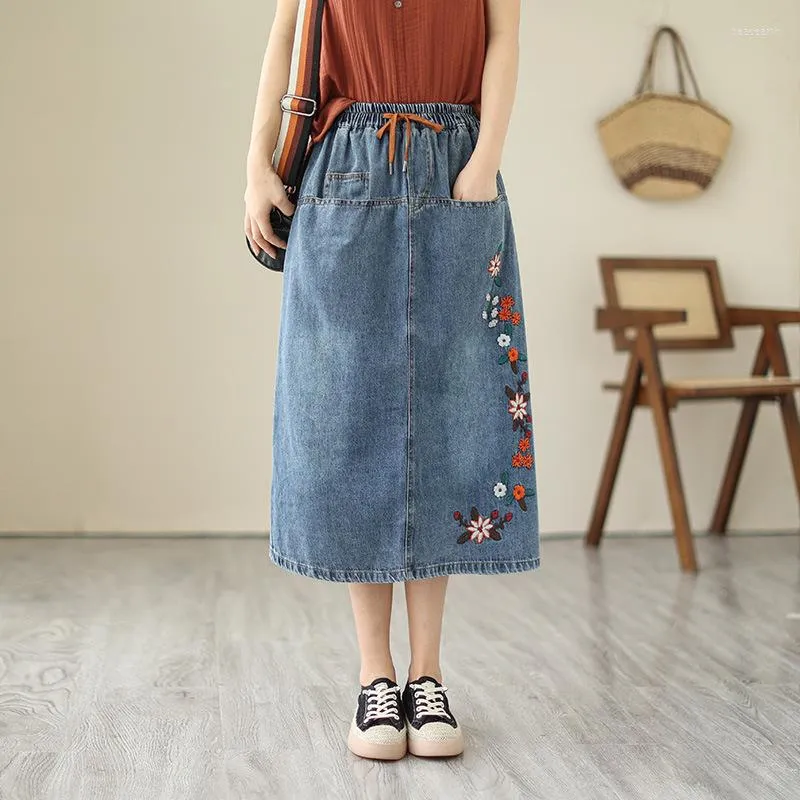 Röcke Lange Maxi Denim Rock Blume Stickerei Jean Für Frauen 2023 Frühling Sommer Casual Koreanische Vintage Midi