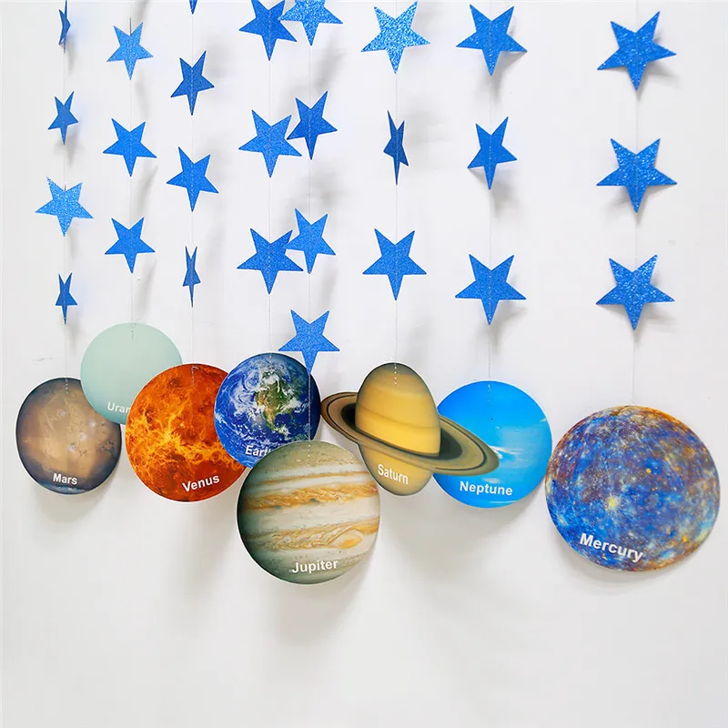 Banner flaggar universum åtta planeter Garlands Night Starry Sky Theme Space Galaxy Happy Birthday Party Decor Kids Diy Hanging Flag 230616