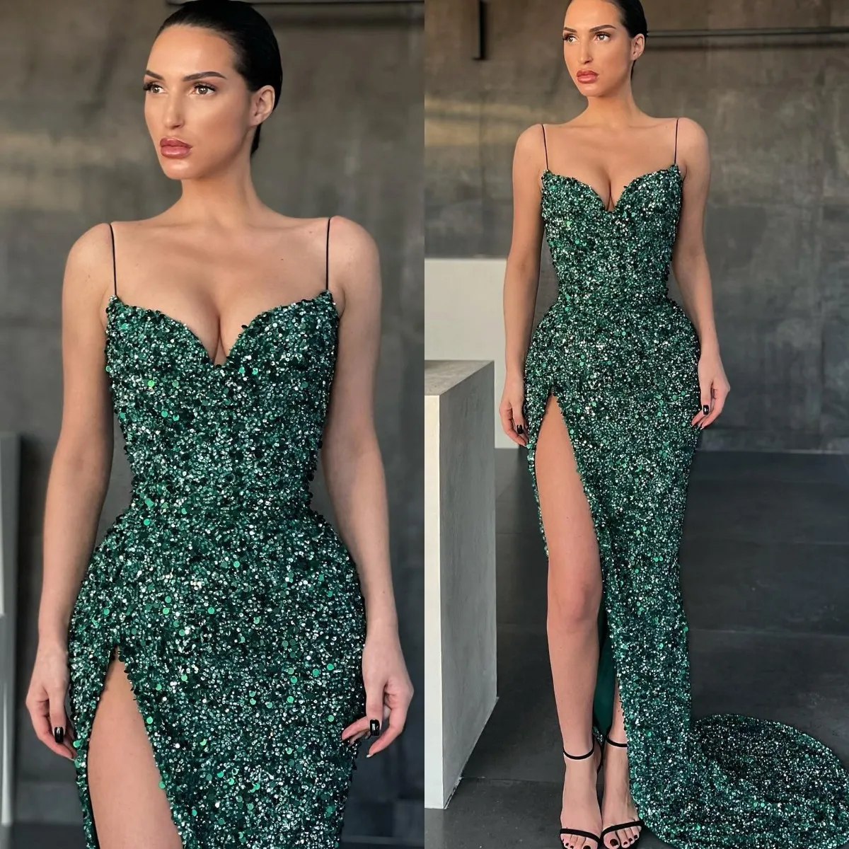 Spaghetti Green Elegant Dark Sequins Dresses Prom Sheath Party Evening Gowns Slit Formal Long Special Ocn Dress