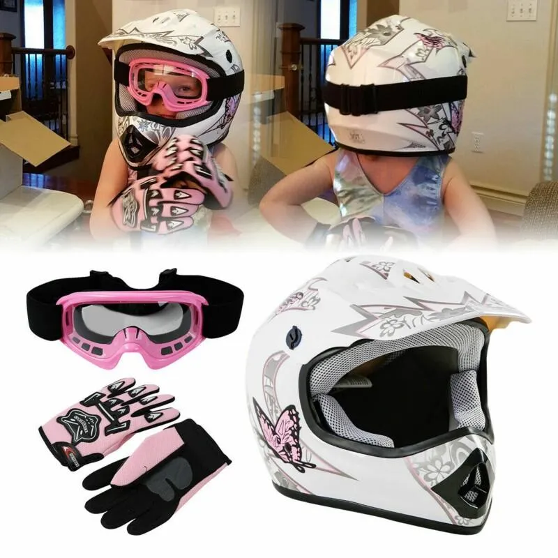 Motorradhelme DOT Jugend Kinderhelm Rosa Schmetterling Rotes Spinnennetz Dirt Bike ATV MX Vollgesichtshelm mit Schutzbrille Handschuhe Radfahren Casco Moto