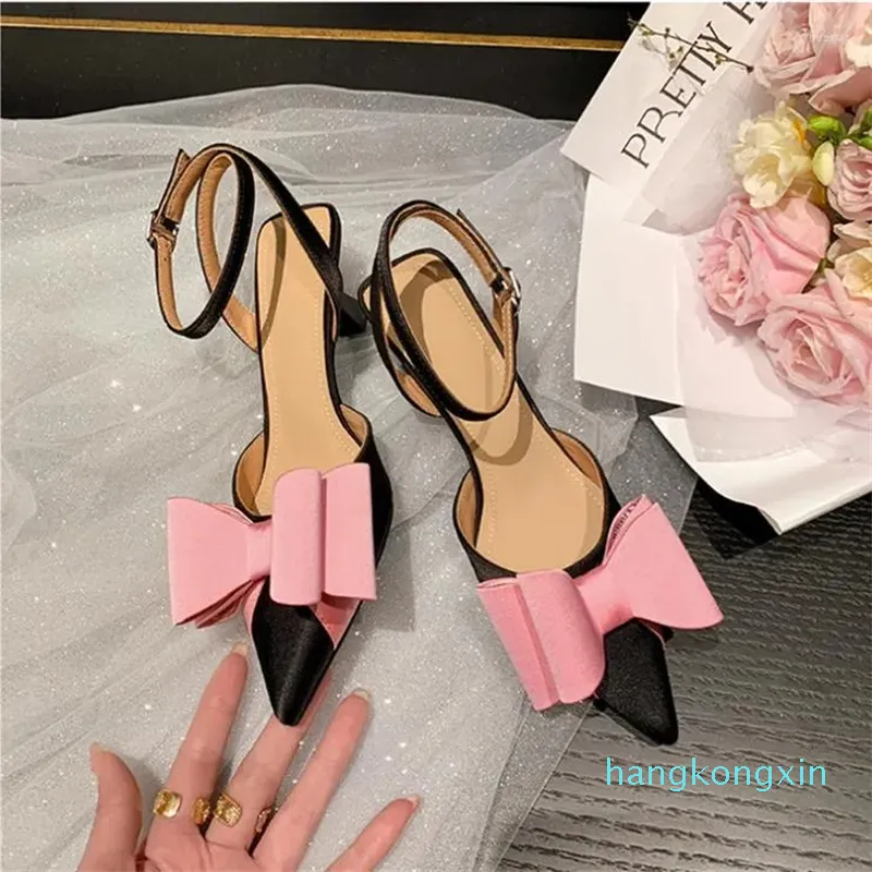 Designer Dress Shoes Sexy Elegant Slingback Bow Satin Sandals Lady Pointed Toe Pink Rhinestone Design Women Thin High Heel